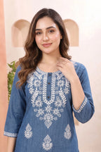 Indigo Blue Denim Long Kurti with Chikankari Embroidery