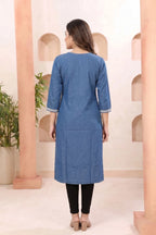 Indigo Blue Denim Long Kurti with Chikankari Embroidery