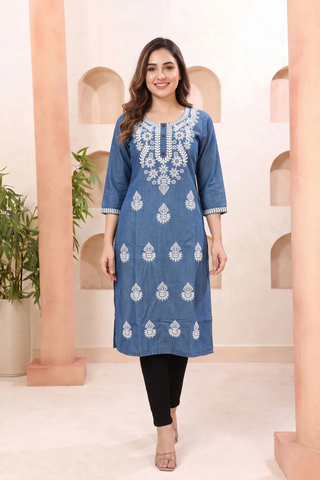 Indigo Blue Denim Long Kurti with Chikankari Embroidery