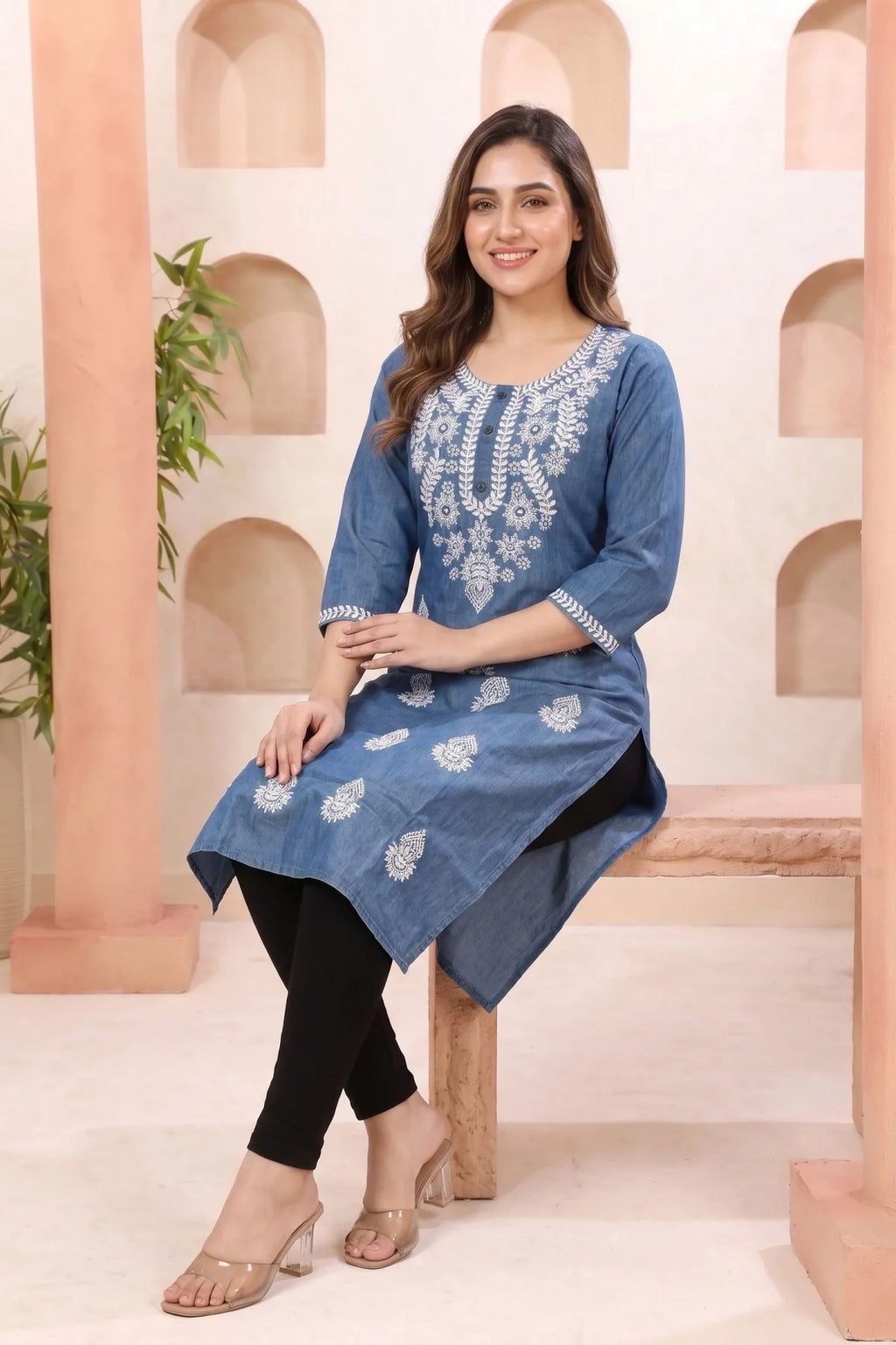 Indigo Blue Denim Long Kurti with Chikankari Embroidery