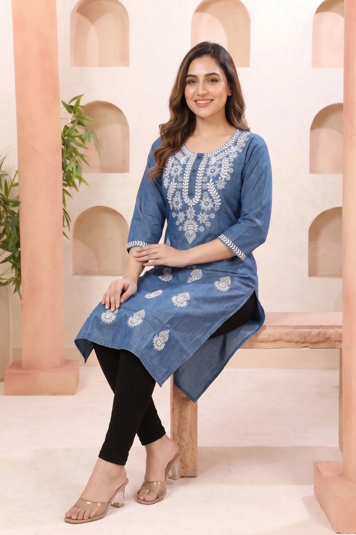Indigo Blue Denim Long Kurti with Chikankari Embroidery
