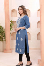 Indigo Denim Long Kurti with Chikankari Embroidery