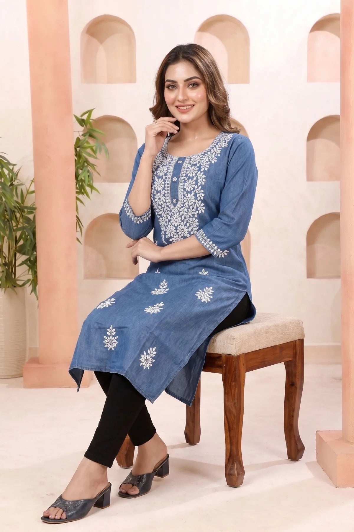 Indigo Denim Long Kurti with Chikankari Embroidery