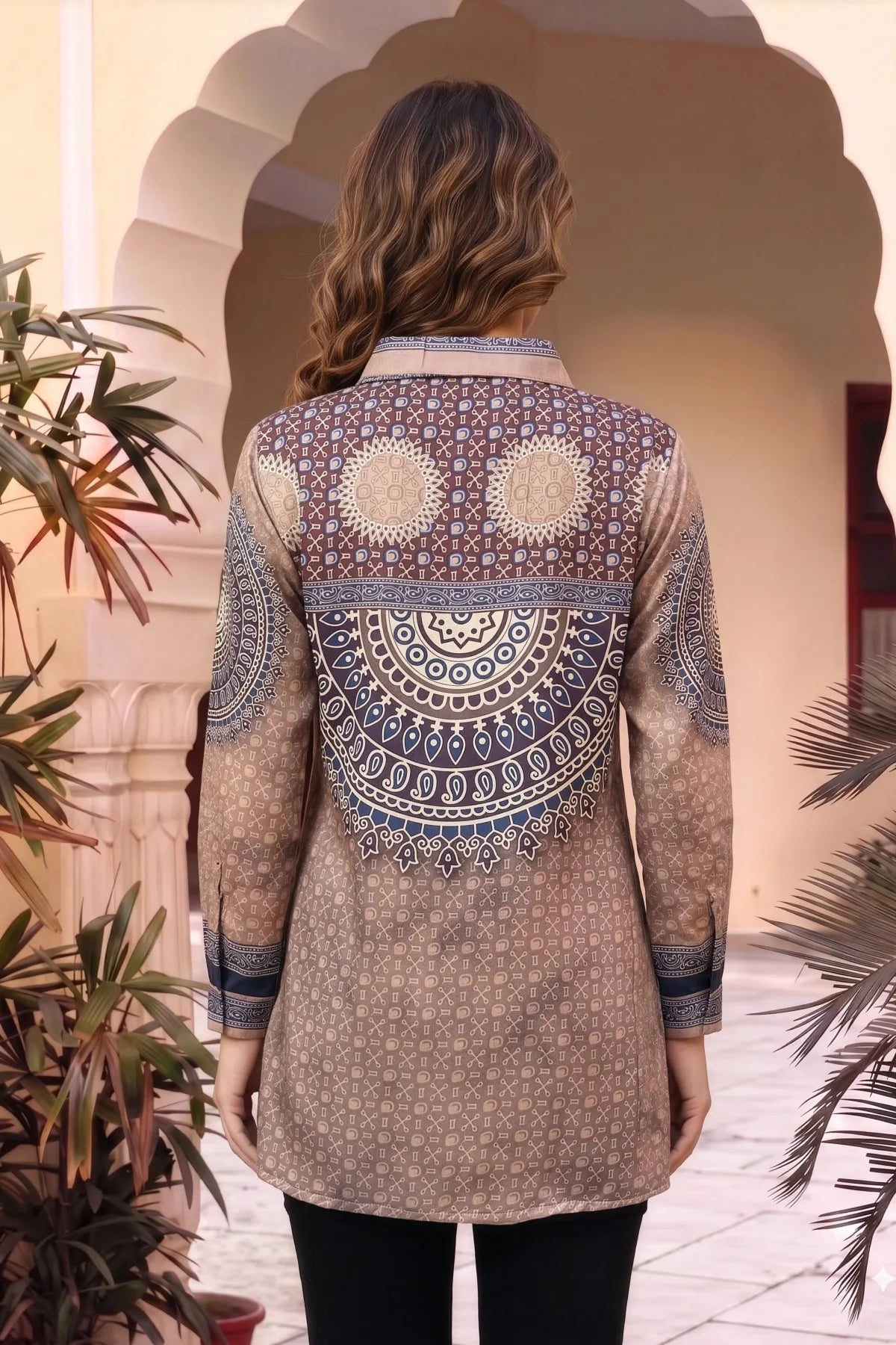 Beige Ajrakh Print Crepe Silk Shirt Style Kurti