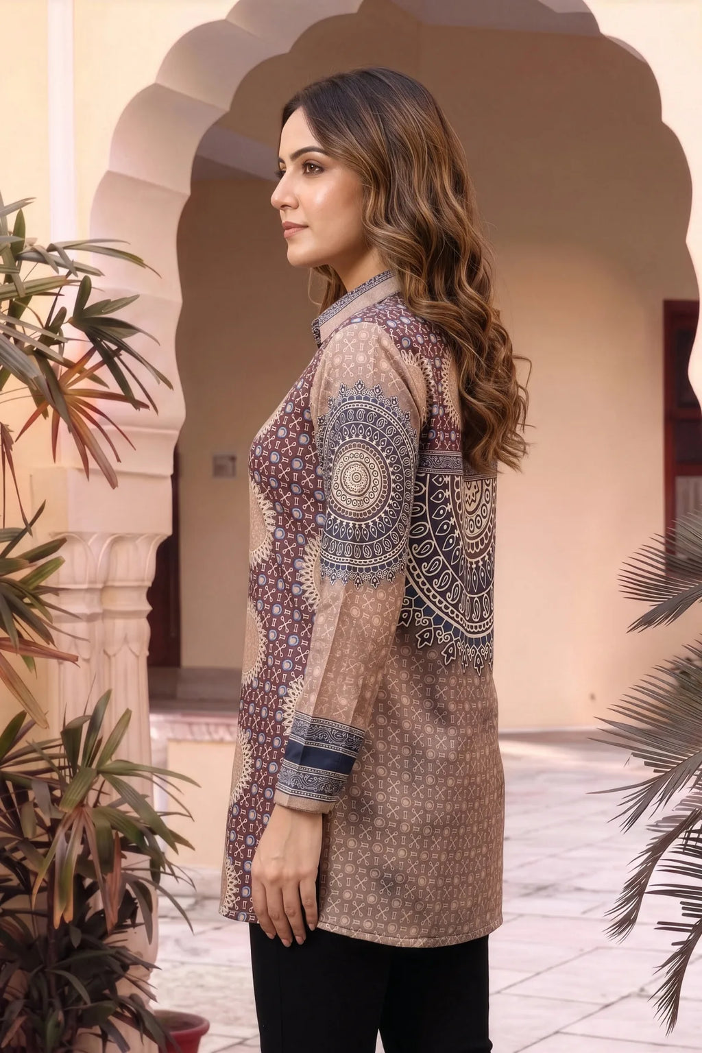 Beige Ajrakh Print Crepe Silk Shirt Style Kurti