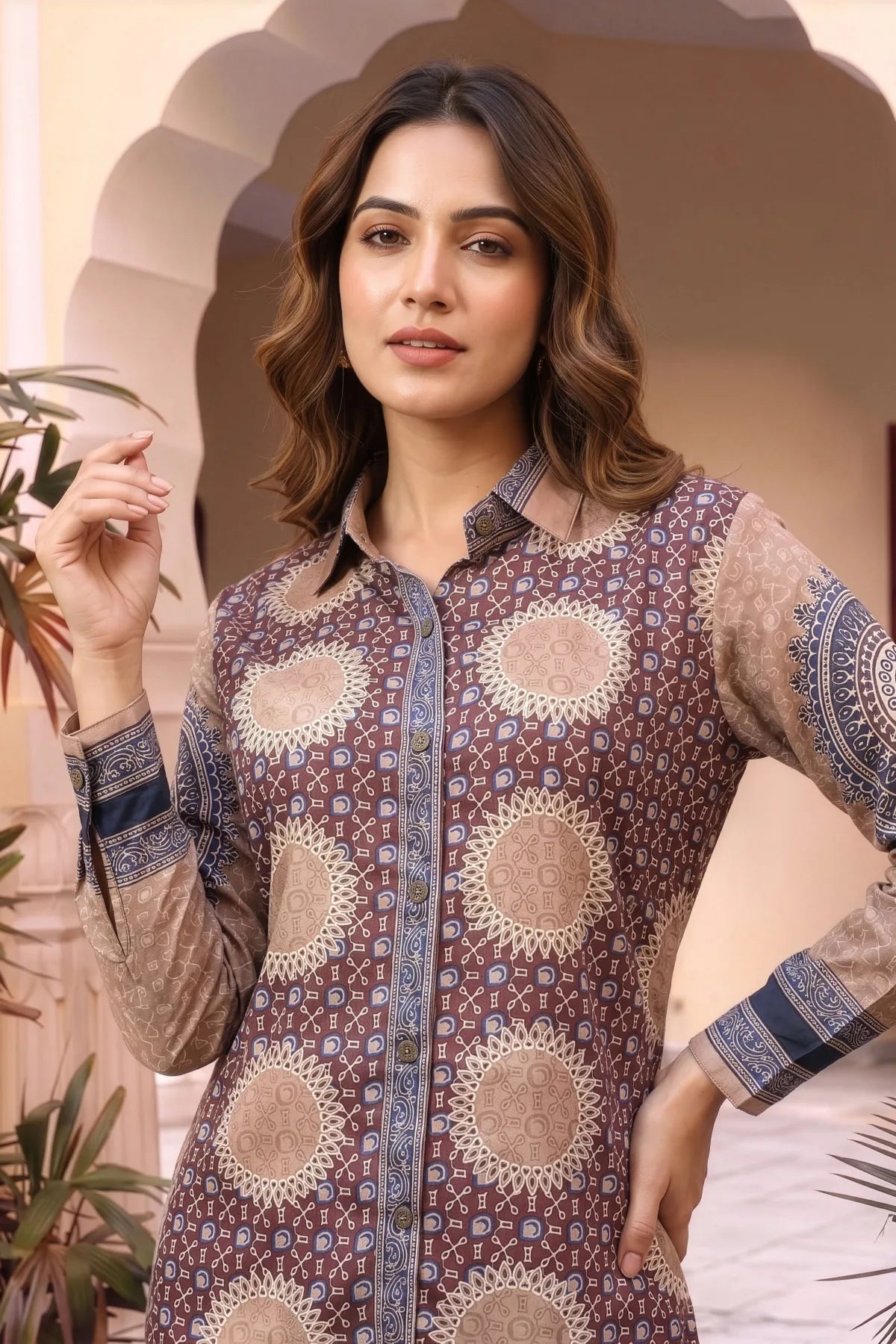 Beige Ajrakh Print Crepe Silk Shirt Style Kurti