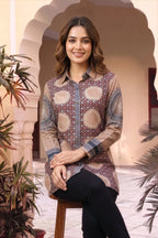 Beige Ajrakh Print Crepe Silk Shirt Style Kurti