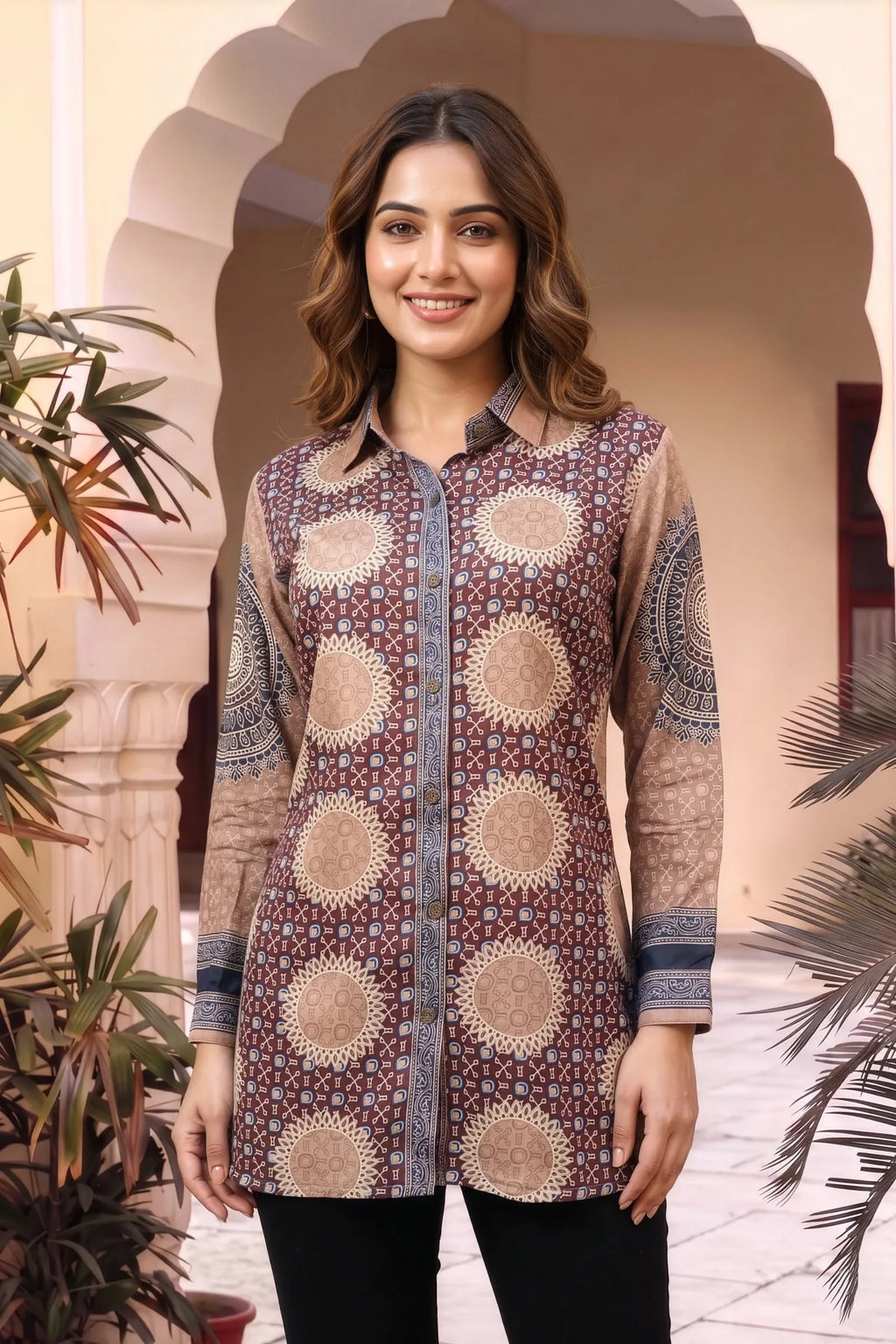 Beige Ajrakh Print Crepe Silk Shirt Style Kurti