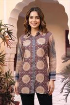 Beige Ajrakh Print Crepe Silk Shirt Style Kurti