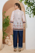 Beige Ethnic Print Cotton Short Kurti with Ban Collar