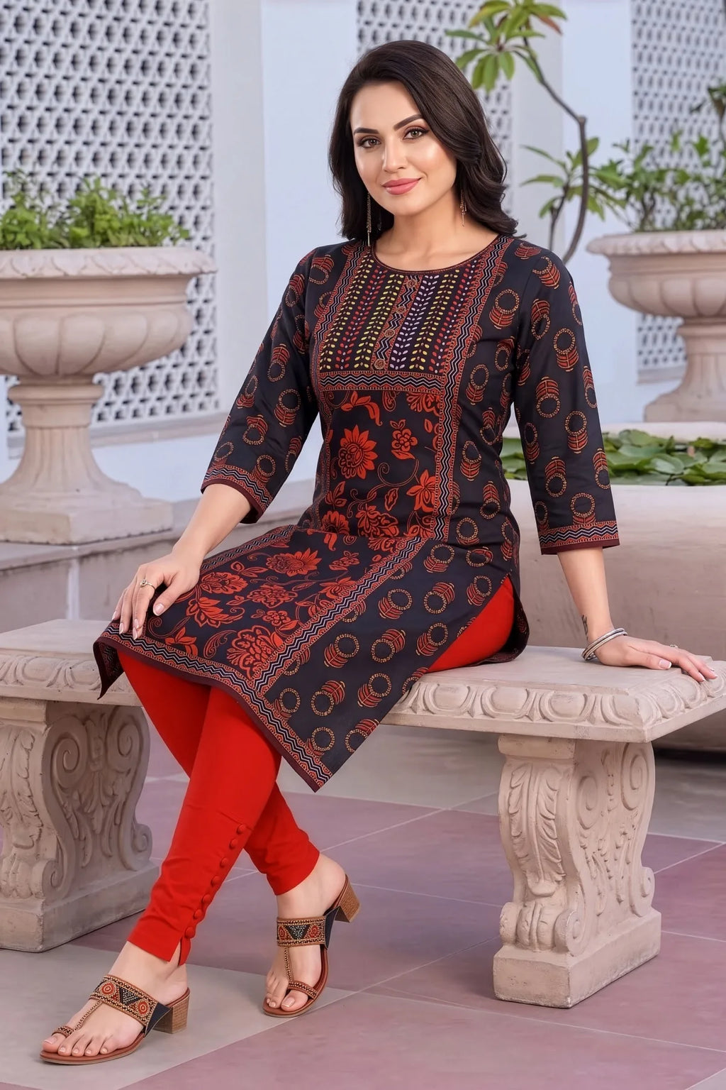 Black Digital Print Long Kurti in Blended Cotton