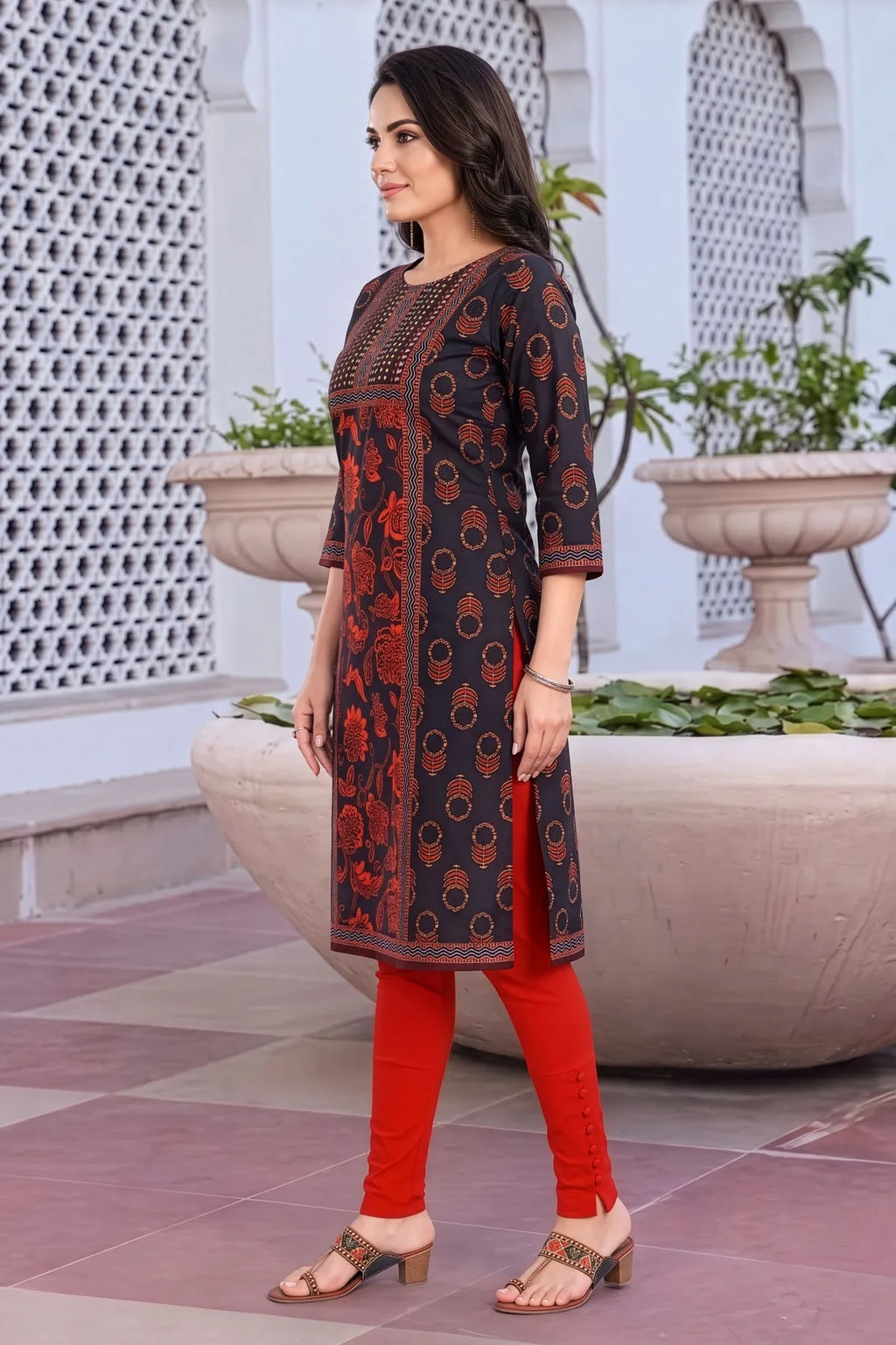 Black Digital Print Long Kurti in Blended Cotton