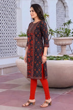 Black Digital Print Long Kurti in Blended Cotton