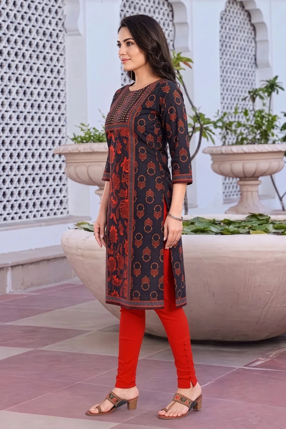 Black Digital Print Long Kurti in Blended Cotton