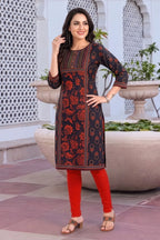 Black Digital Print Long Kurti in Blended Cotton