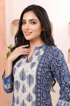Indigo Blue Tunic with Ban Collar and Leaf Print