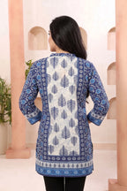 Indigo Blue Tunic with Ban Collar and Leaf Print