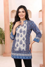 Indigo Blue Tunic with Ban Collar and Leaf Print