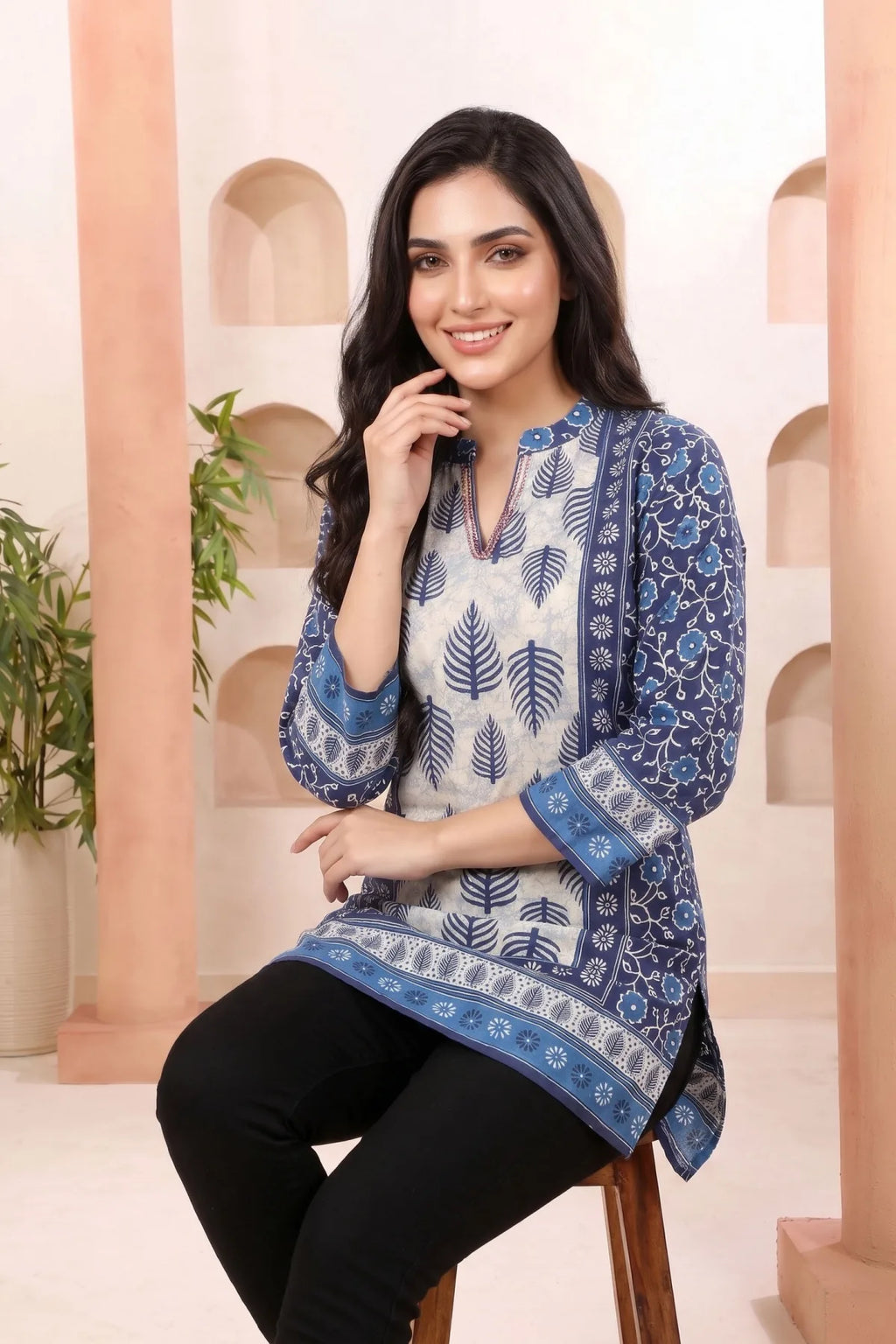 Indigo Blue Tunic with Ban Collar and Leaf Print