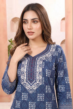 Indigo Blue Geometric Print Tunic with Round Neck