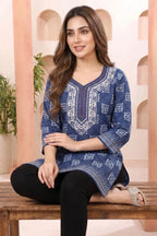 Indigo Blue Geometric Print Tunic with Round Neck