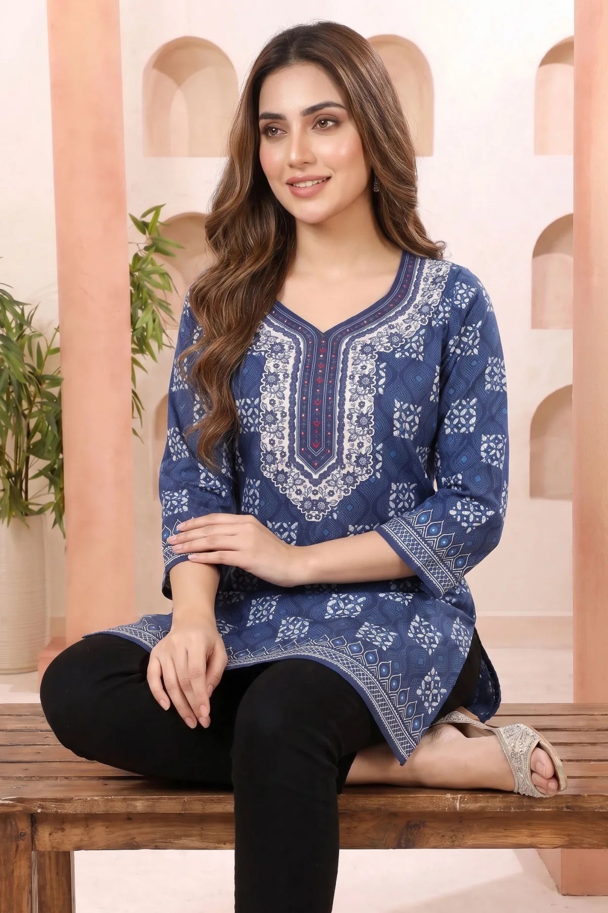 Indigo Blue Geometric Print Tunic with Round Neck
