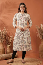 Cream Cotton A Line Princess Cut Kurta with Leaf Print
