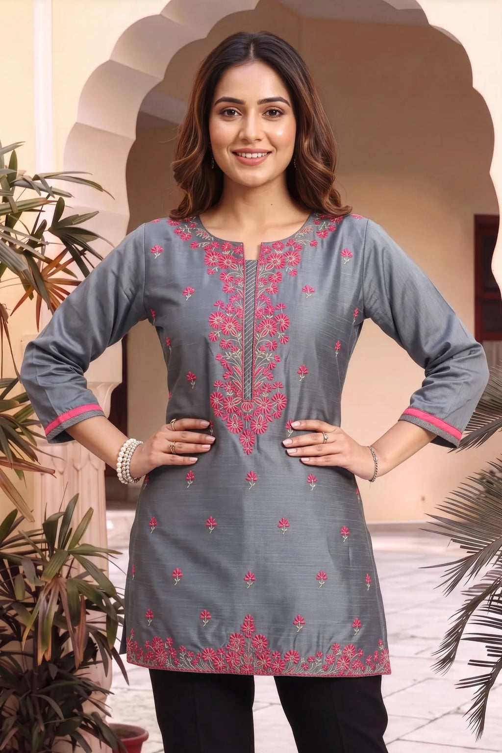 Gray Raw Silk Short Straight Tunic with Pink Embroidery
