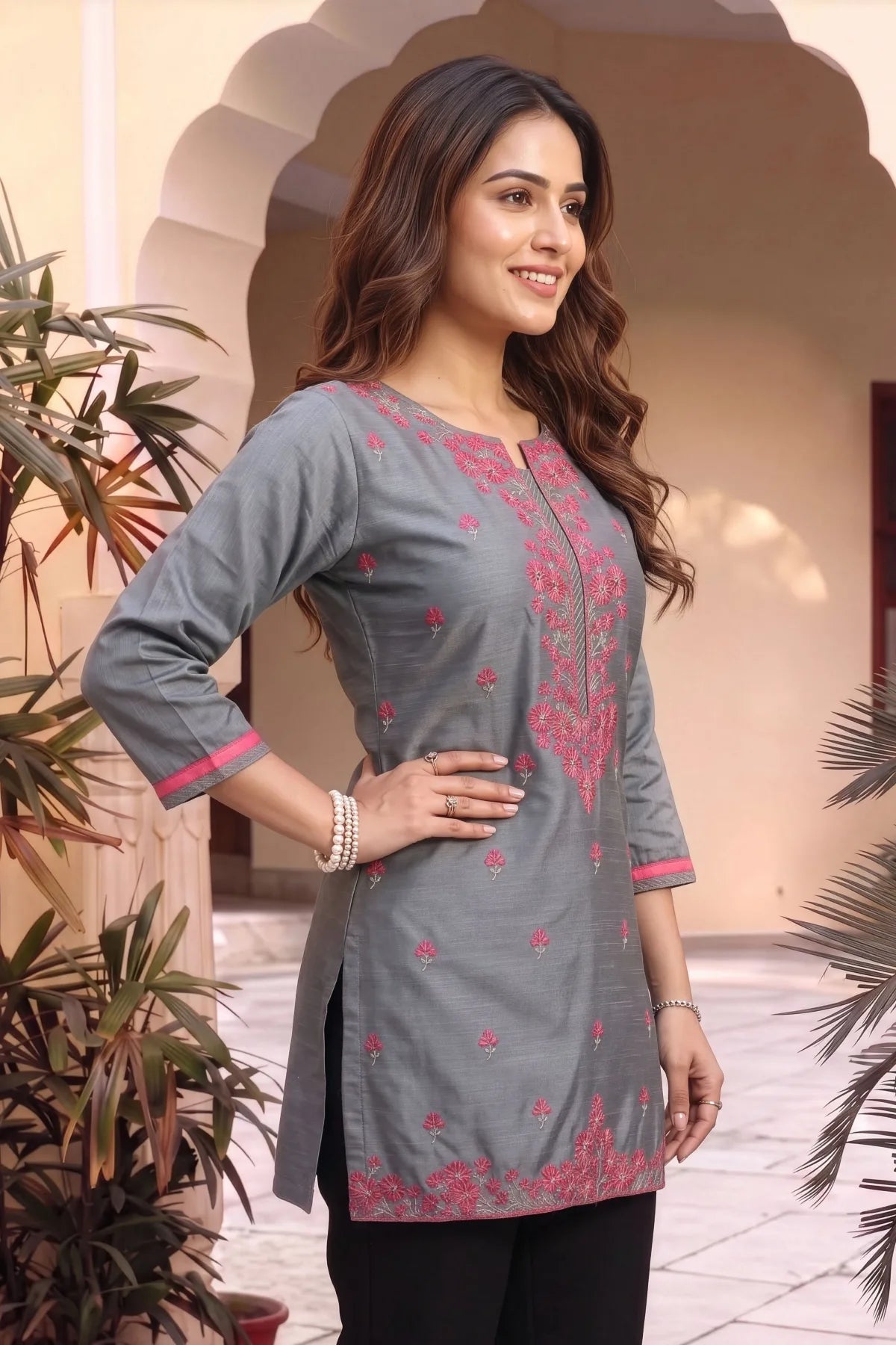 Gray Raw Silk Short Straight Tunic with Pink Embroidery
