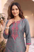 Gray Raw Silk Short Straight Tunic with Pink Embroidery