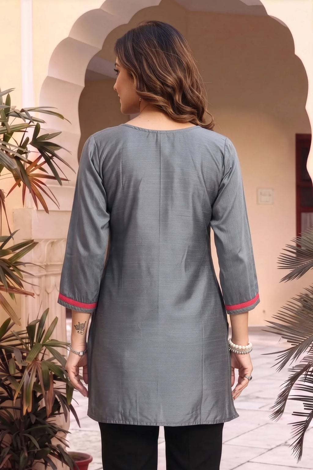 Gray Raw Silk Short Straight Tunic with Pink Embroidery
