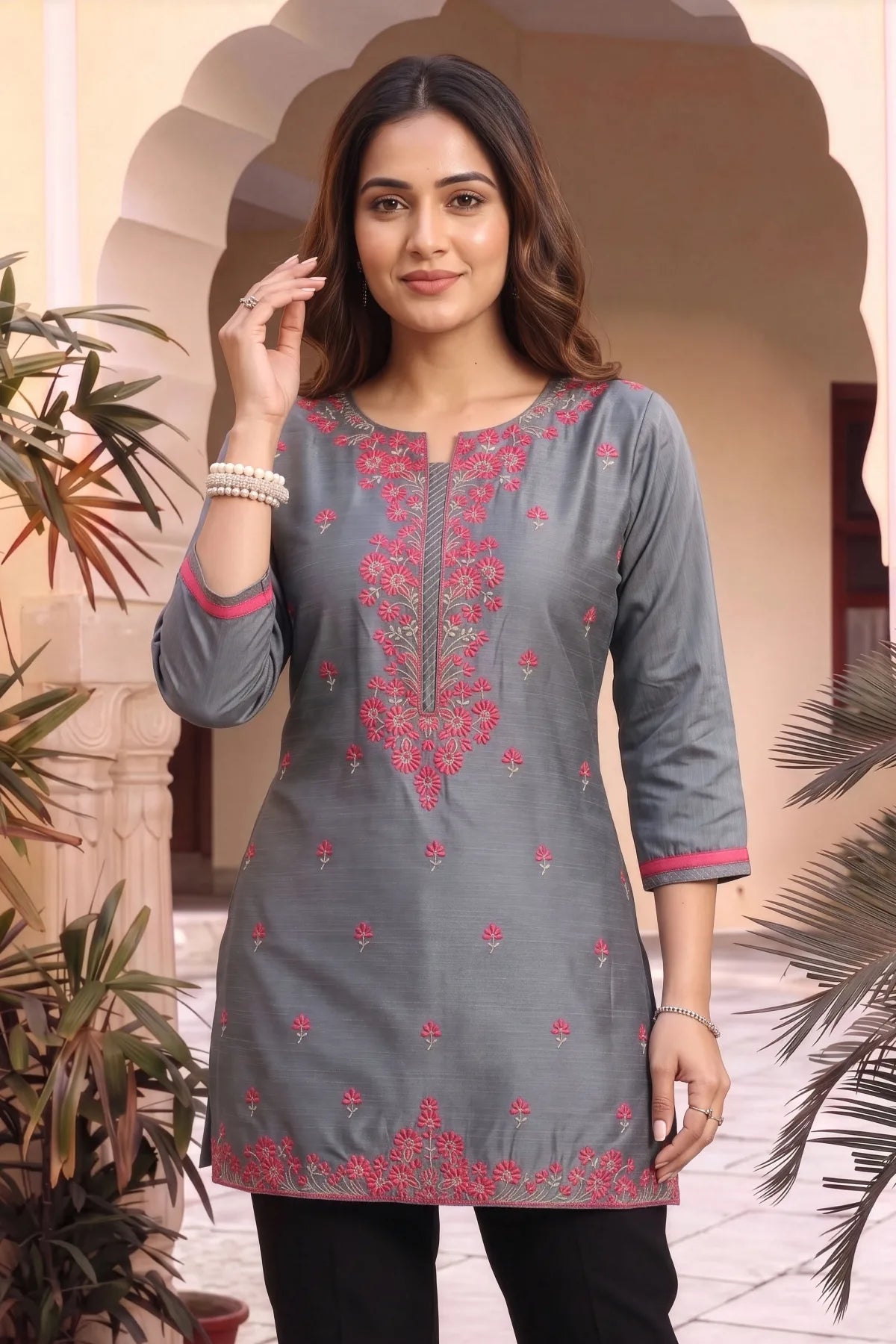 Gray Raw Silk Short Straight Tunic with Pink Embroidery