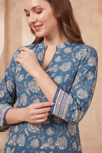 Indigo Blue Jaipuri Print Cotton Blend Short Kurti with Band Collar