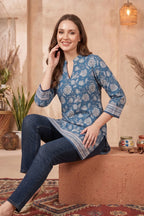 Indigo Blue Jaipuri Print Cotton Blend Short Kurti with Band Collar
