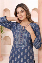 Indigo Cotton Short Kurti with Round Neck Botanical Print