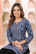 Indigo Cotton Short Kurti with Round Neck Botanical Print