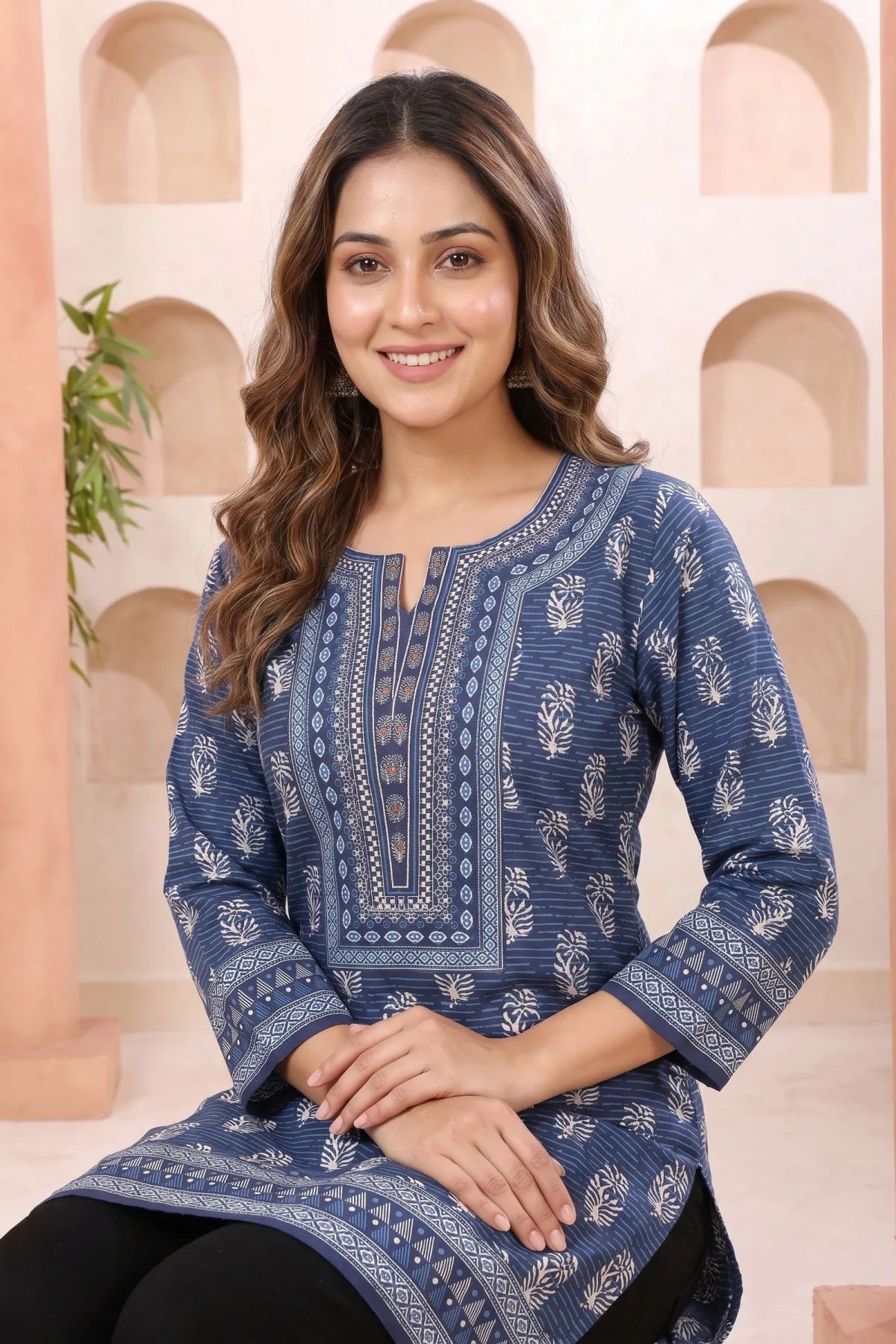 Indigo Cotton Short Kurti with Round Neck Botanical Print
