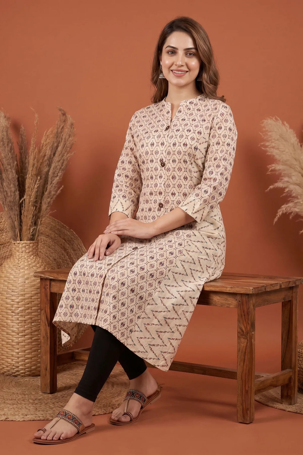 Cream Cotton Long Kurti with Ban Collar and Geometric Print
