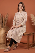 Cream Cotton Long Kurti with Ban Collar and Geometric Print