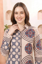 Beige Modal Silk Printed Tunic with Shirt Collar