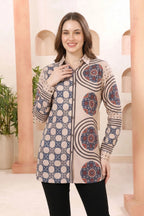 Beige Modal Silk Printed Tunic with Shirt Collar