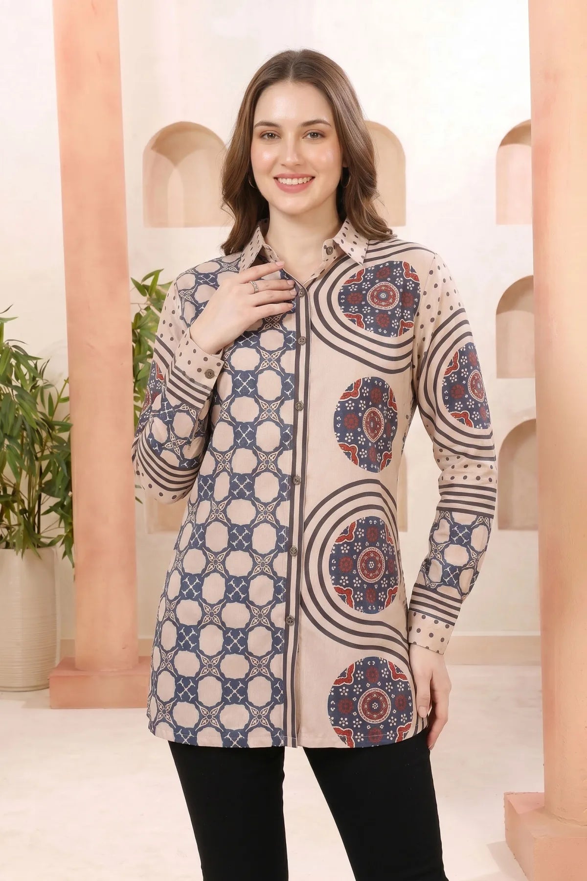 Beige Modal Silk Printed Tunic with Shirt Collar