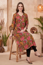 Olive Green Kalamkari Print A Line Long Kurta with V Neck