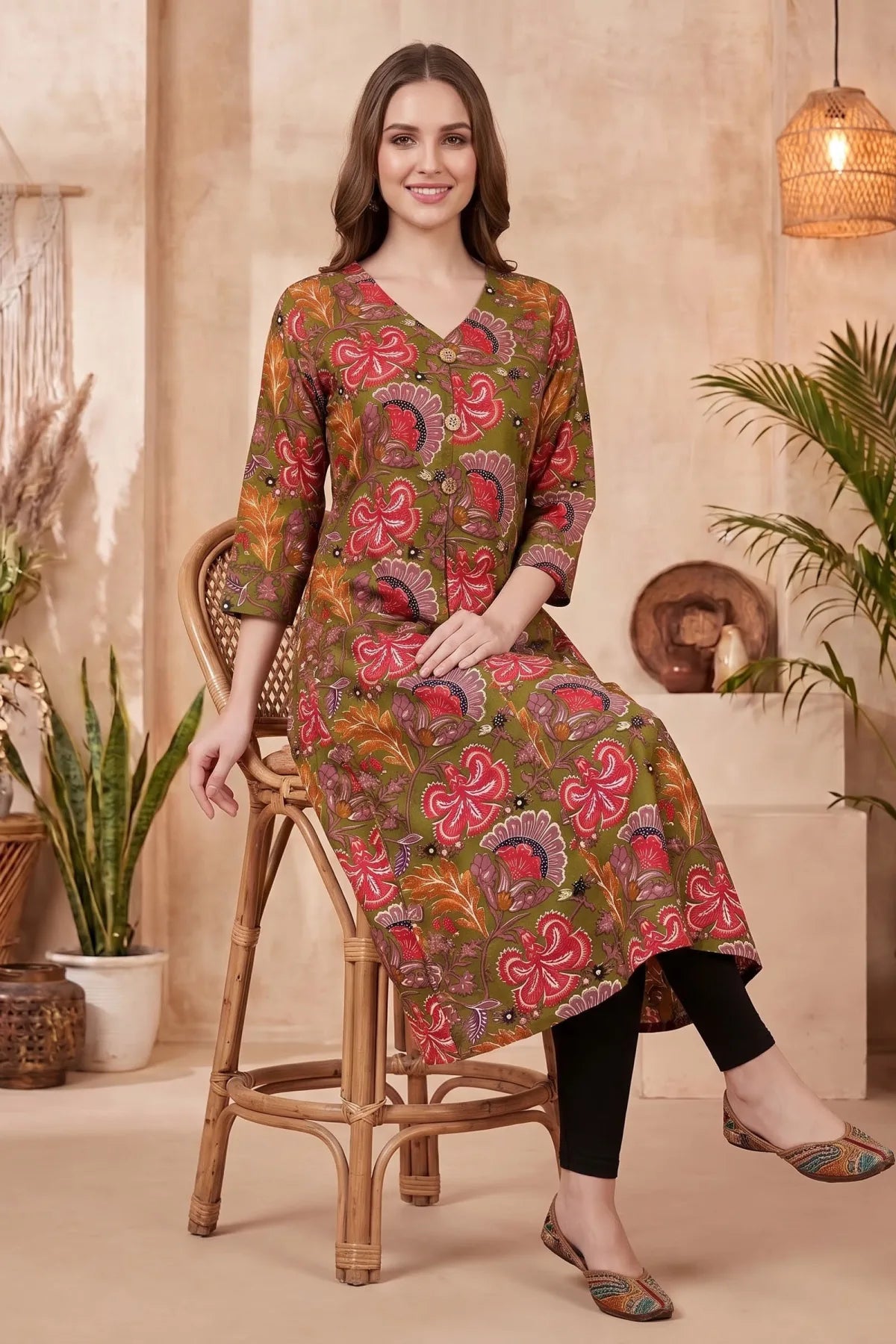 Olive Green Kalamkari Print A Line Long Kurta with V Neck