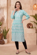 Phirozi Cotton Long Kurti with Chikankari Embroidery
