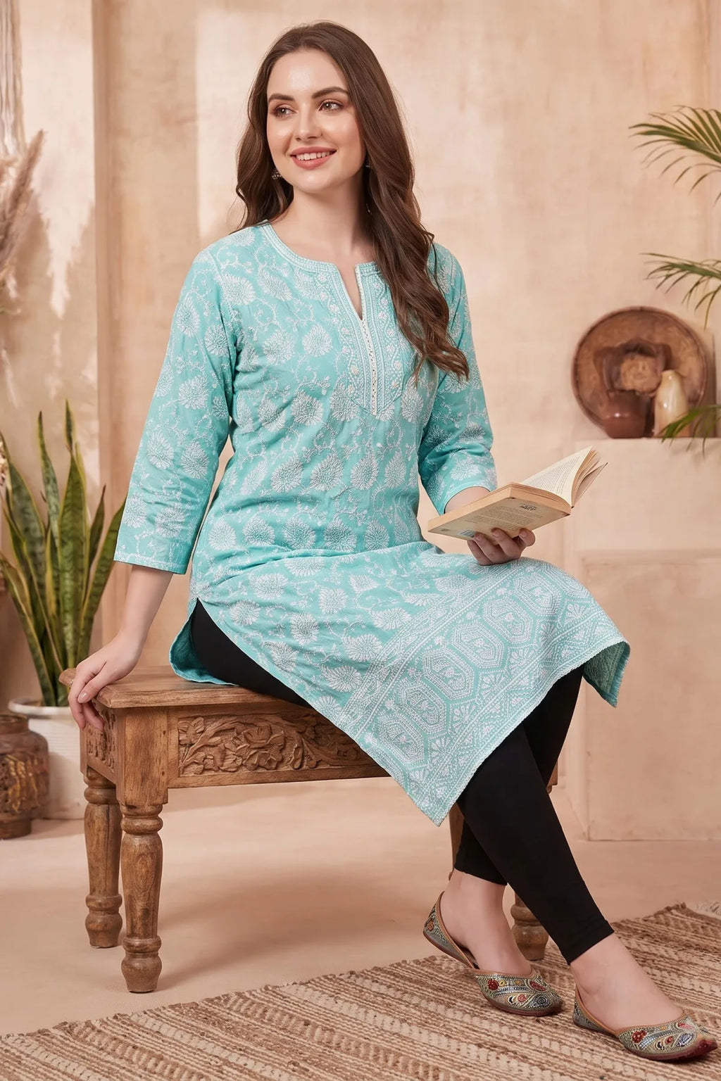 Phirozi Cotton Long Kurti with Chikankari Embroidery