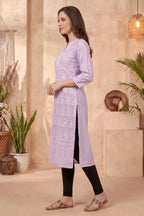 Purple Cotton Long Kurta with Chikankari Embroidery and Band Collar