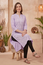 Purple Cotton Long Kurta with Chikankari Embroidery and Band Collar