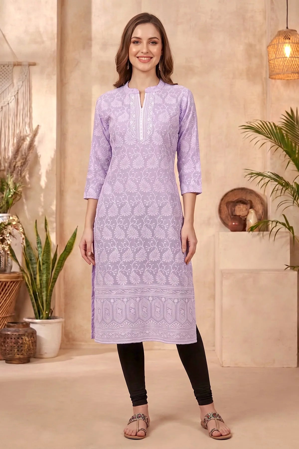 Purple Cotton Long Kurta with Chikankari Embroidery and Band Collar