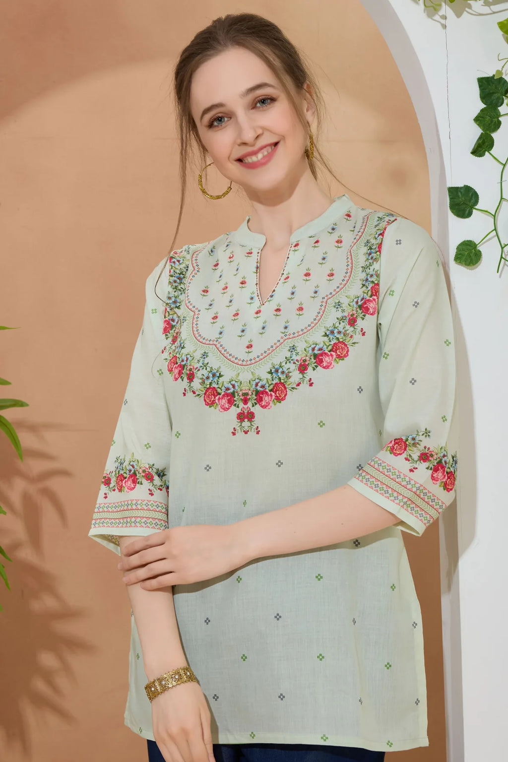Elegant Pista Color Ethnic Print Cotton Short Kurti with Ban Collar